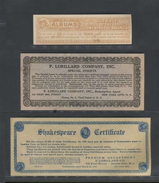 Lot of (3) Tobacco Coupons from Allen & Ginter and Lorillards