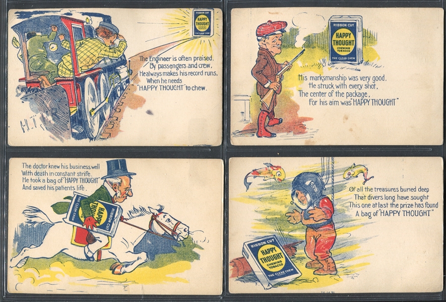 Interesting Lot of (4) Happy Thought Chewing Tobacco Advertising Postcards