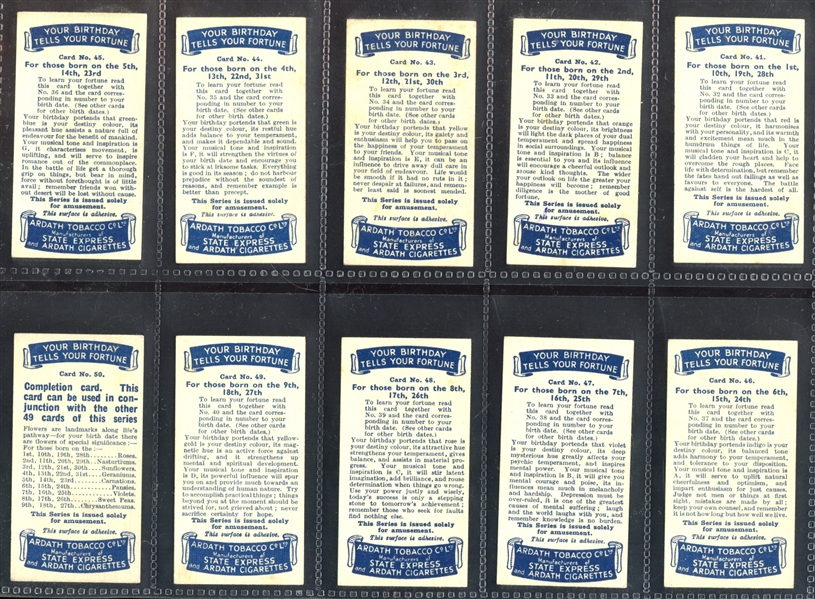 1937 Ardath Your Birthday Tells Your Fortune Complete Set of (50) Cards