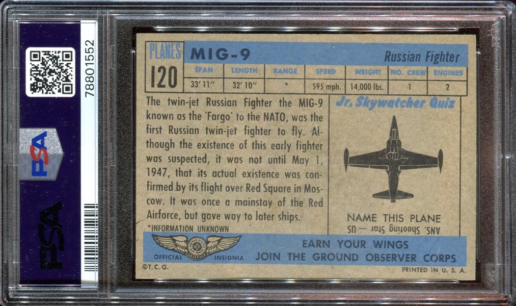1957 Topps Planes #120 Mig-9 Blue Back PSA7 NM