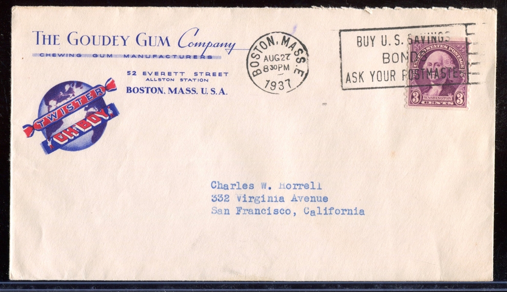 Fantastic Full Color 1937 Goudey Gum Company Advertising Mailing Envelope