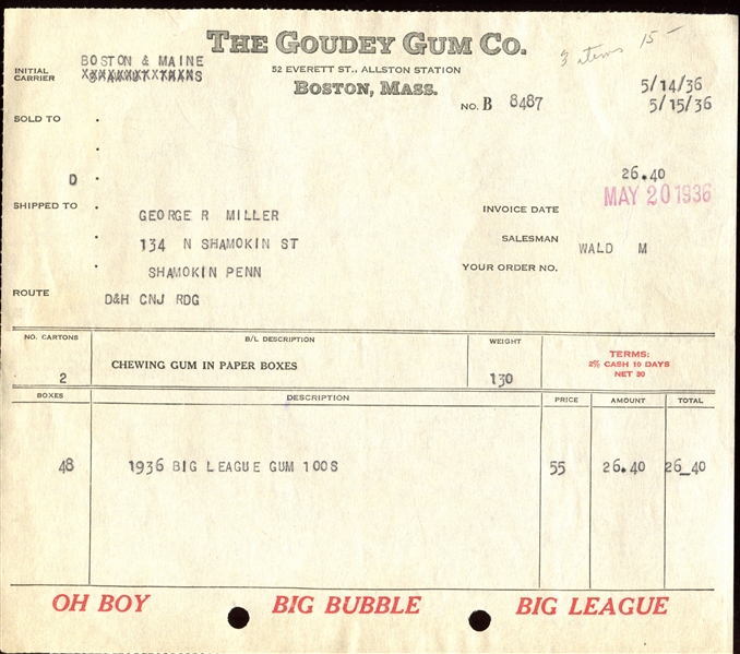 Vintage 1936 Goudey Gum Invoice to George R Miller Company for (48) Boxes of 1936 Goudey Cards