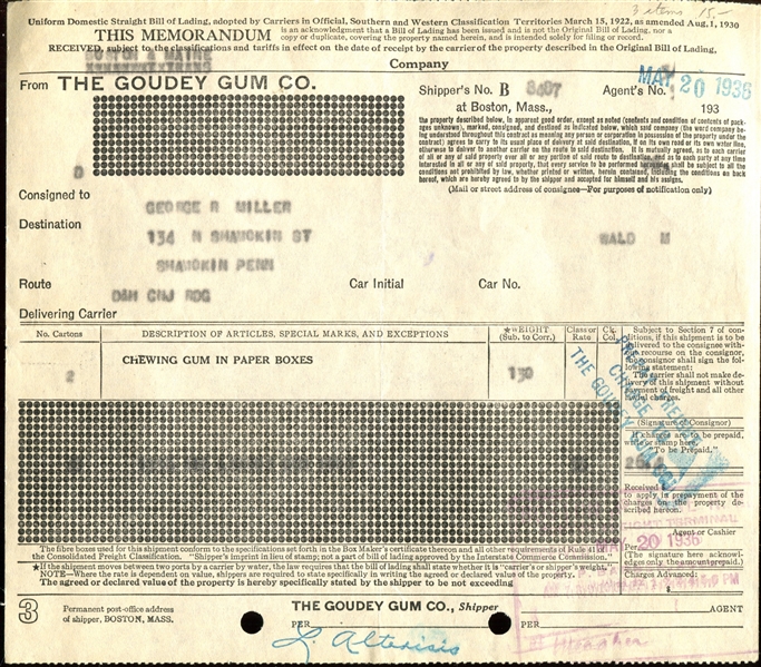 Vintage 1936 Goudey Gum Invoice to George R Miller Company for (48) Boxes of 1936 Goudey Cards