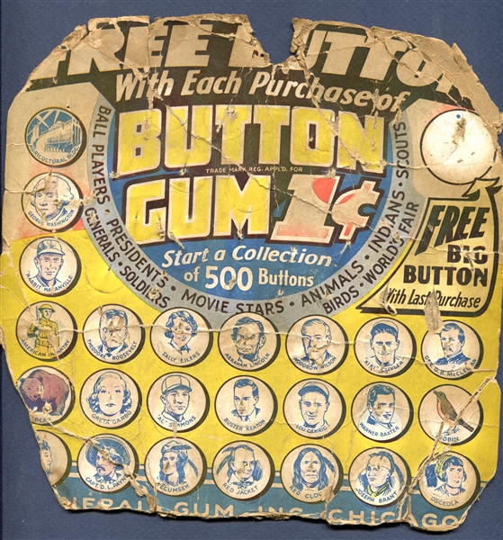 Vintage Button Gum Advertising Panel with Gehrig and Other Pinback Images