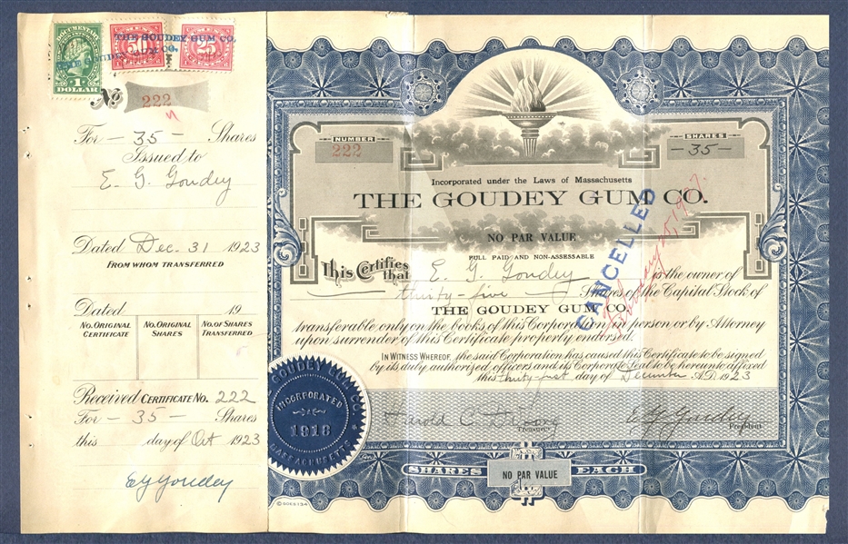 Vintage 1923 Goudey Stock Certificate for E.G. Goudey's Personal Share of the Company