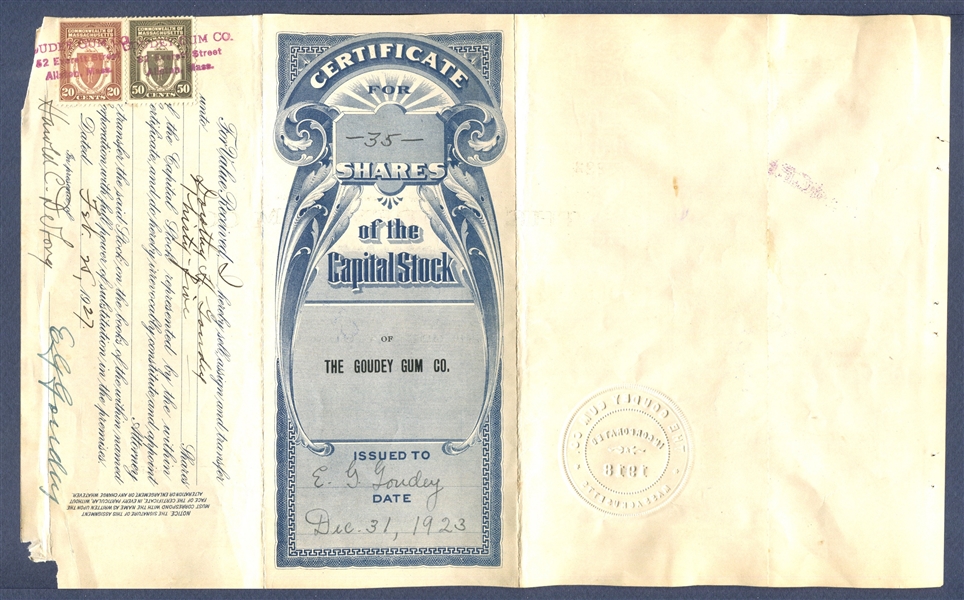 Vintage 1923 Goudey Stock Certificate for E.G. Goudey's Personal Share of the Company