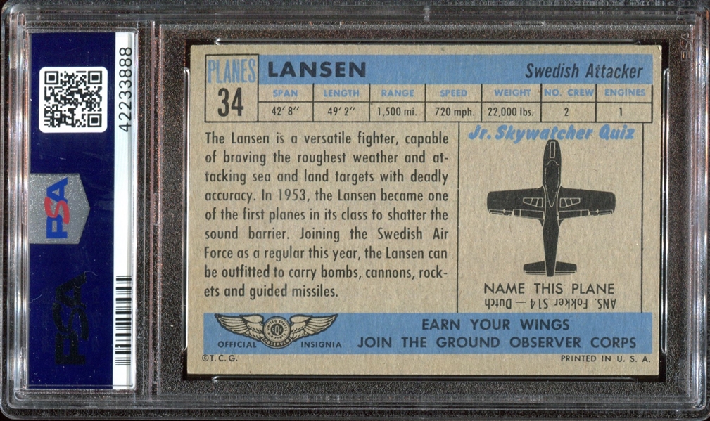 1957 Topps Planes Blue Back #34 Lansen PSA6 EX-MT
