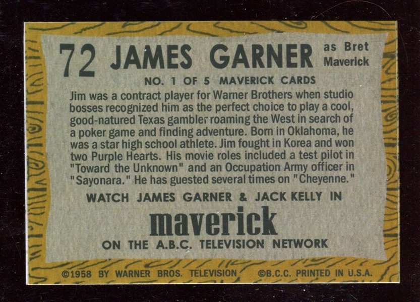 1958 Topps “TV Westerns” #72 James Garner Maverick NM-MT ***LEMKE CARD***