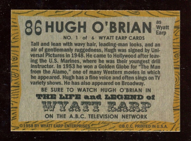 1958 Topps “TV Westerns” #86 Hugh O’Brian Wyat Earp NM-MT ***LEMKE CARD***