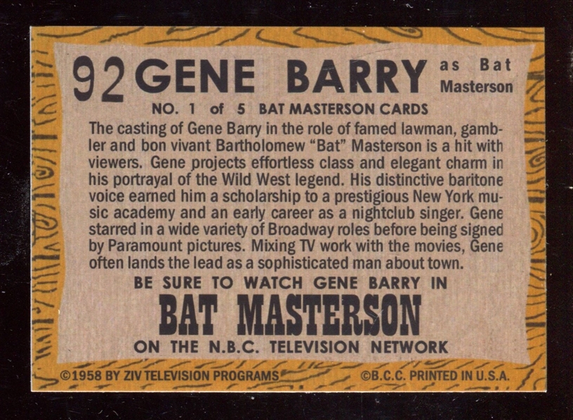 1958 Topps “TV Westerns” #92 Gene Barry Bat Masterson NM-MT ***LEMKE CARD***