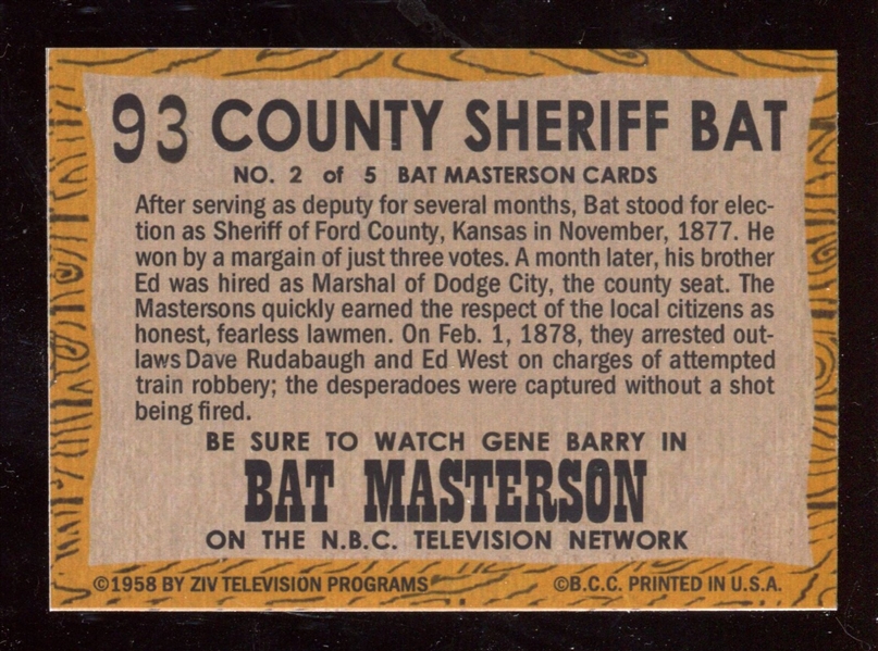 1958 Topps “TV Westerns” #93 Gene Barry Bat Masterson NM-MT ***LEMKE CARD***