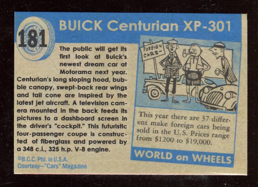1954-55 Topps “World on Wheels” blueback #181 Buick Centurion XP- 301 NM-MT ***LEMKE CARD***