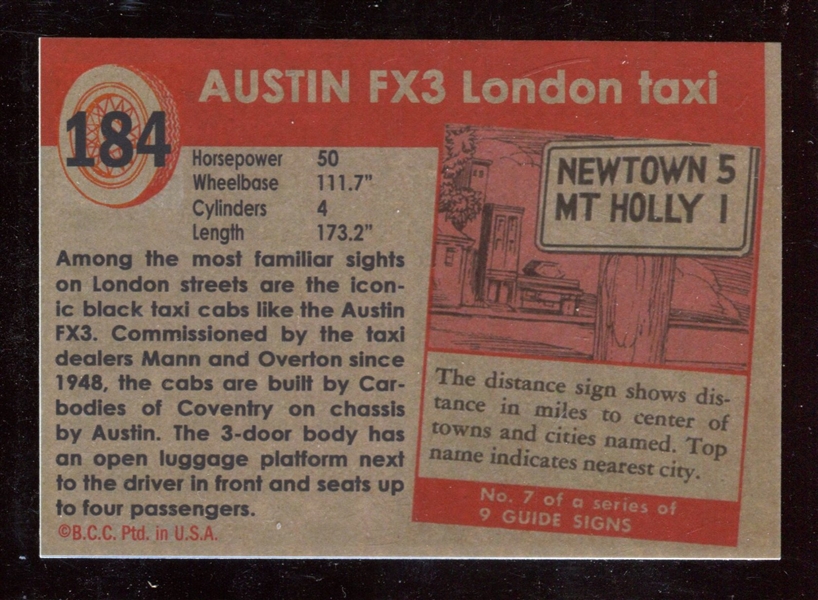 1954-55 Topps “World on Wheels” redback #184 Austin FX3 Taxi NM- MT ***LEMKE CARD***