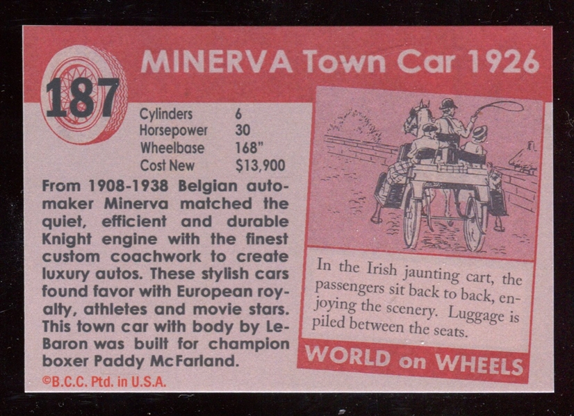 1954-55 Topps “World on Wheels” redback #187 1926 Minerva Town Car NM-MT ***LEMKE CARD***