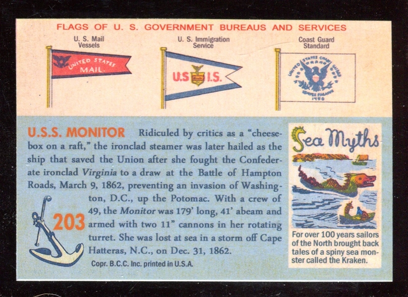 1955 Topps “Rails & Sails” #203 U.S.S. Monitor Ironclad NM-MT ***LEMKE CARD***