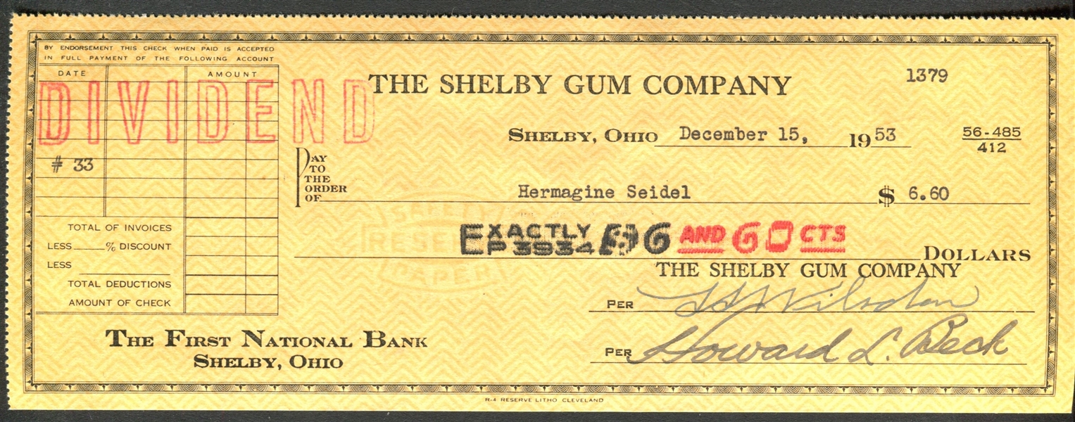 1954 Shelby Gum Annual Meeting Notice, Envelope and Dividend Check