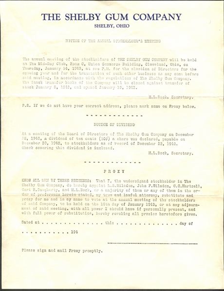 1943 Shelby Gum Company Annual Meeting Notice, Envelope and Dividend Check