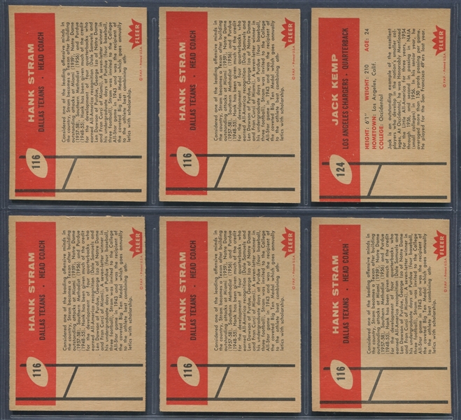 1960 Fleer Football Lot of (6) Cards With Kemp and Stram Rookies