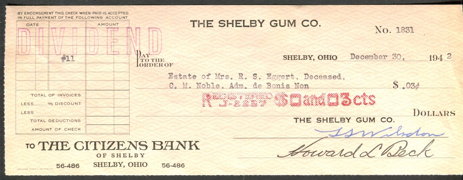 1943 Shelby Gum Company Annual Meeting Notice, Envelope and Dividend Check