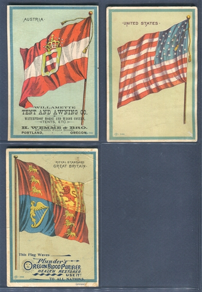 Mixed 19th Century Flag Trade Card Lot of (11) Cards from Multiple Issuers