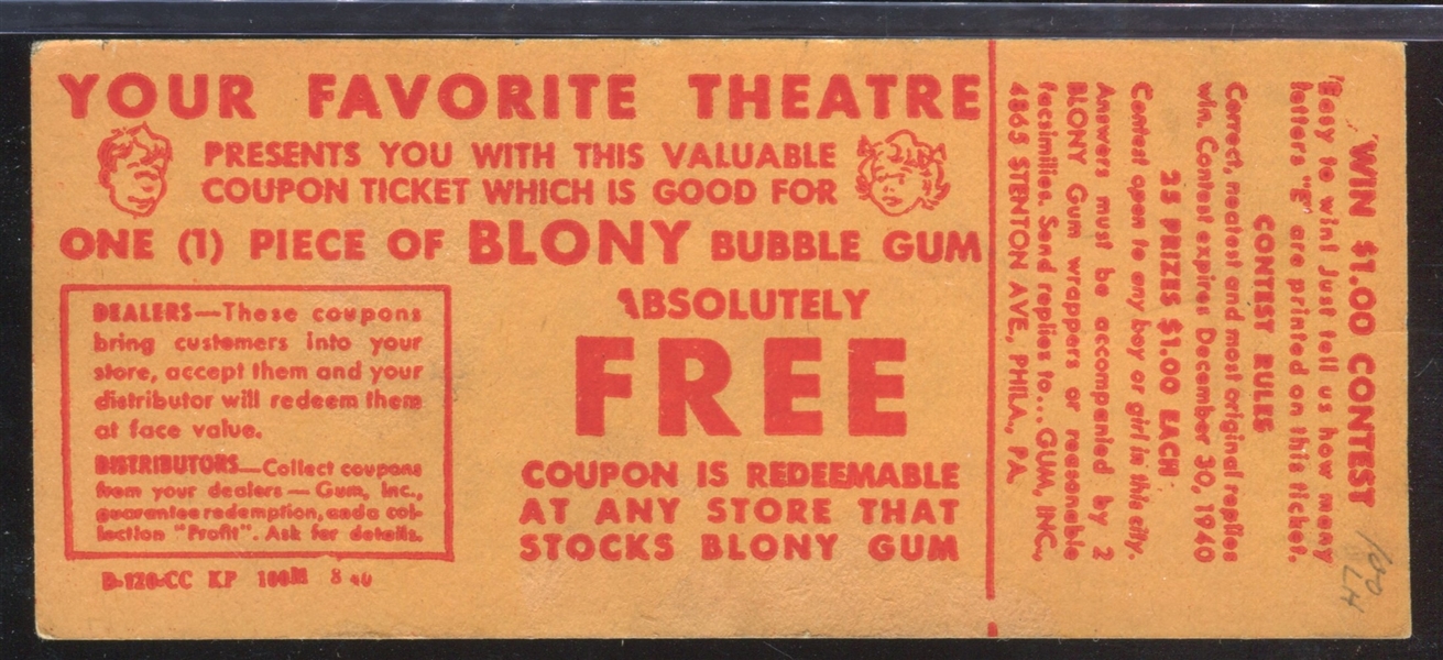 Fantastic 1950's Blony Gum Free Piece Theater Promotional Coupon