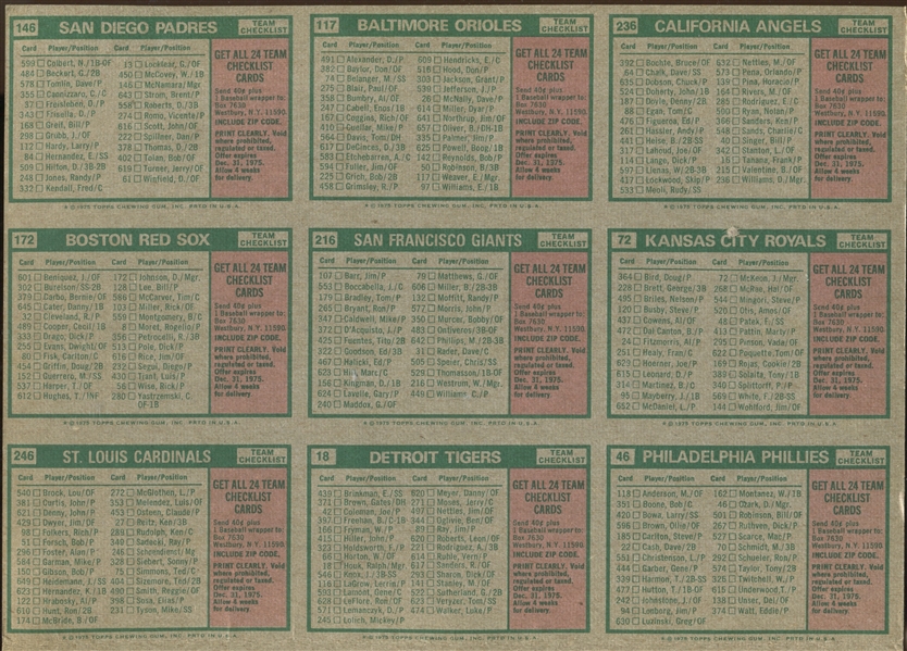 1975 Topps Uncut Mail-Away Team Card Checklist Sheet