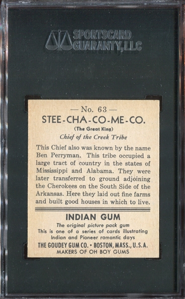 R773 Goudey Indian Gum #63 STEE-CHA-CO-ME-CO SGC88 NM-MT