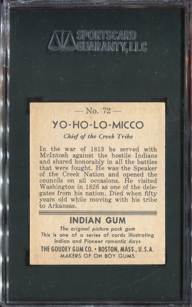 R773 Goudey Indian Gum #72 YO-HO-LO-MICCO SGC84 NM