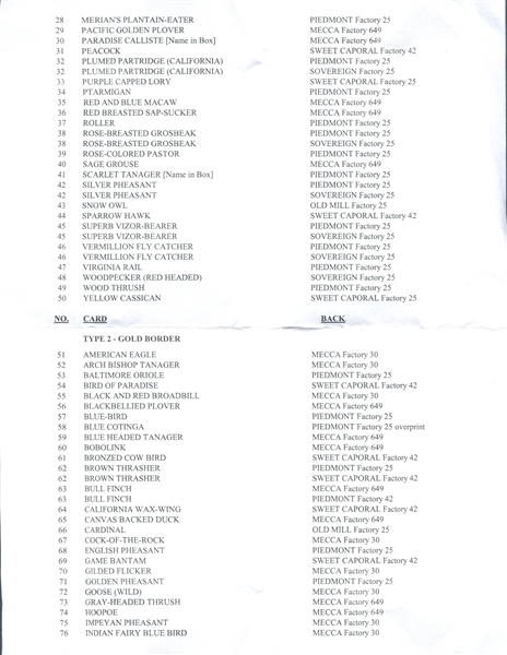 T42 Bird Series Mixed Back Complete Set of (100) With All Additional Back Variations (15)