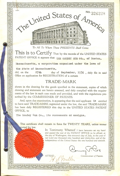 Goudey Patent and Label Registration for Big Bubble With File Contents