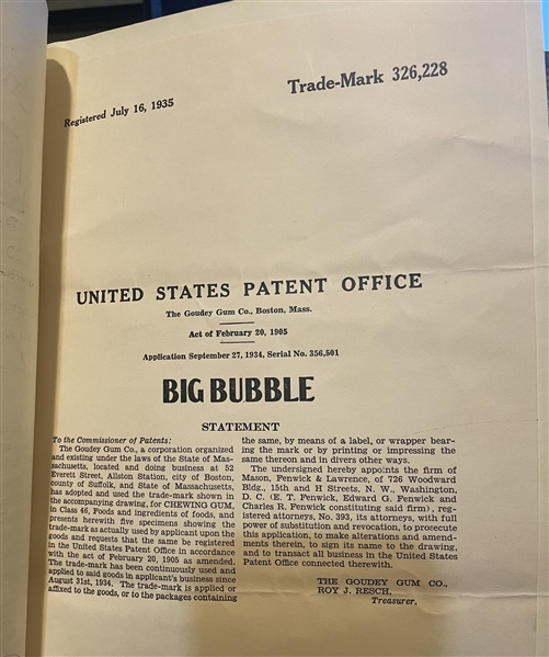 Goudey Patent and Label Registration for Big Bubble With File Contents