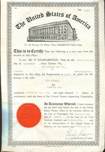 Goudey Patent and Label Registration for Big Bubble With File Contents