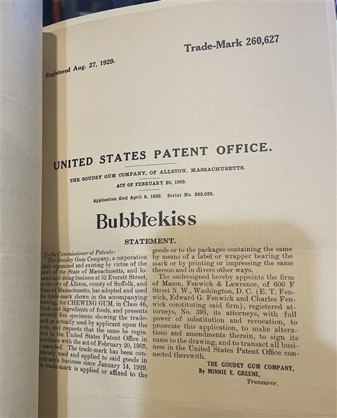 Goudey Patent and File Paperwork for Bubblekiss Product