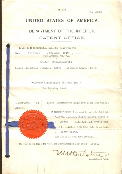 Early 1919 Goudey Patent for Chocolate Fruited Gum with Sample Wrapper and File Paperwork