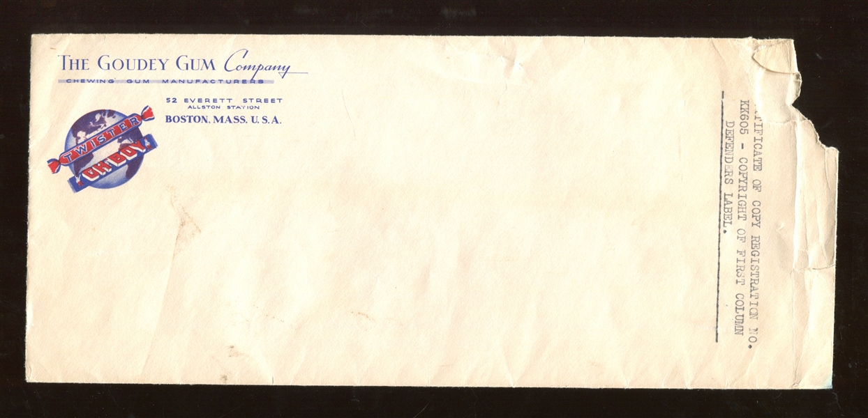 Goudey Registration for Label and Wrapper for R40 First Column Defenders