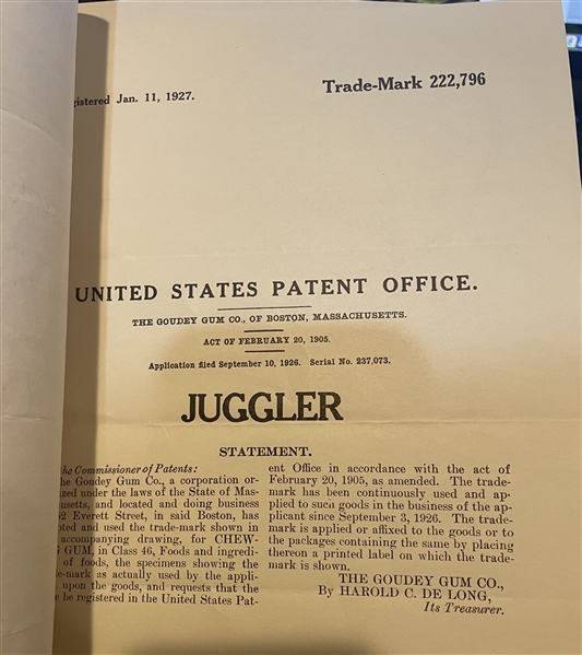 Goudey Patent and Renewal for Juggler Product