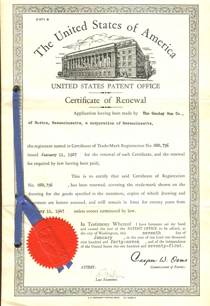 Goudey Patent and Renewal for Juggler Product