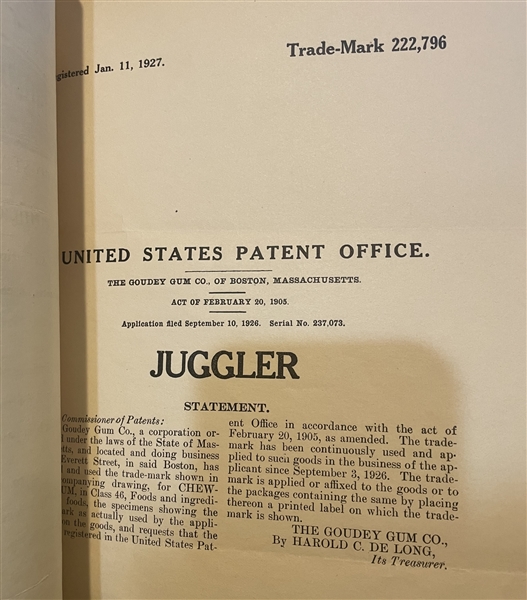 Goudey Patent and Renewal for Juggler Product