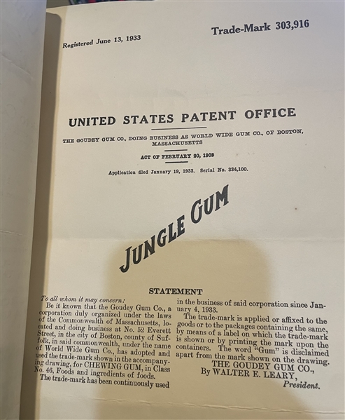 Goudey Patent and Label Registration for Jungle Gum With File Paperwork