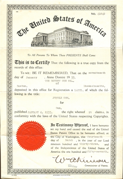 Goudey Patent and Label Registration for Jungle Gum With File Paperwork