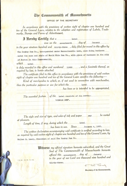 Goudey Patent and Label Registration for Jungle Gum With File Paperwork