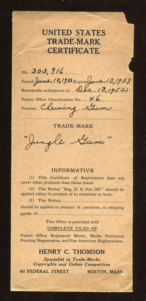 Goudey Patent and Label Registration for Jungle Gum With File Paperwork