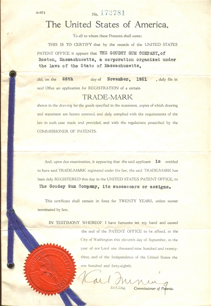 1921 Trade-Mark Registration for Sporting Confections For Goudey Company