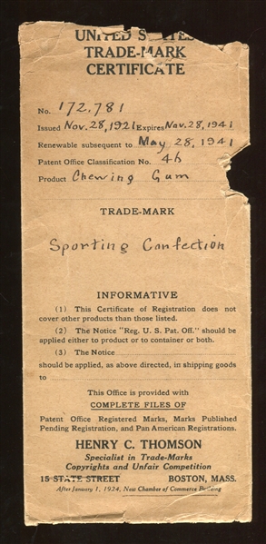 1921 Trade-Mark Registration for Sporting Confections For Goudey Company