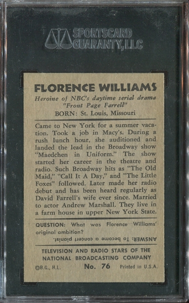 1953 Bowman Television & Radio Stars #76 Florence Williams SGC96 Mint 9