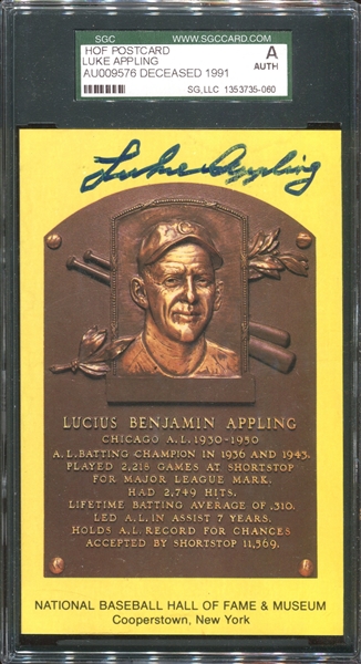 Luke Appling Yellow Hall of Fame Plaque Postcard Autographed SGC Auth