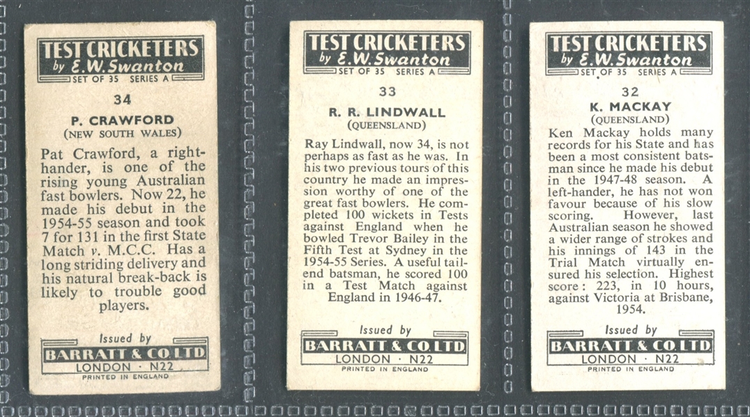 1956 Barratt (UK) Test Cricketers (Series A) Near Set of (33/35) Cards