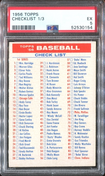 1956 Topps Checklist 1/3 PSA5 EX