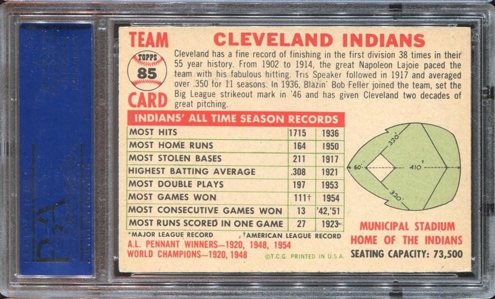 1956 Topps #85 Indians Team (Left/White Back) PSA7 NM