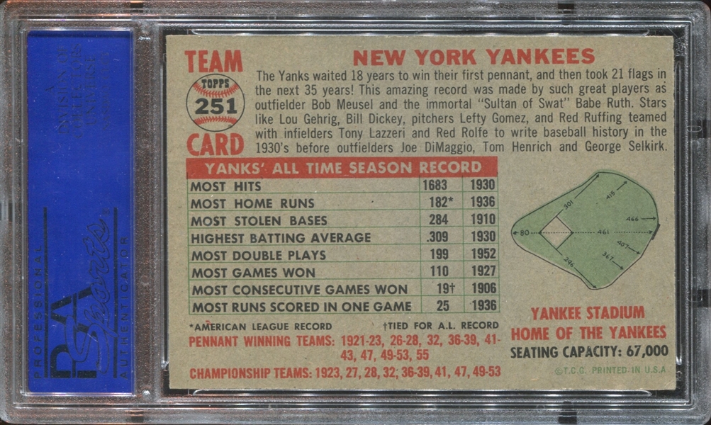 1956 Topps #251 New York Yankees Team PSA7 NM